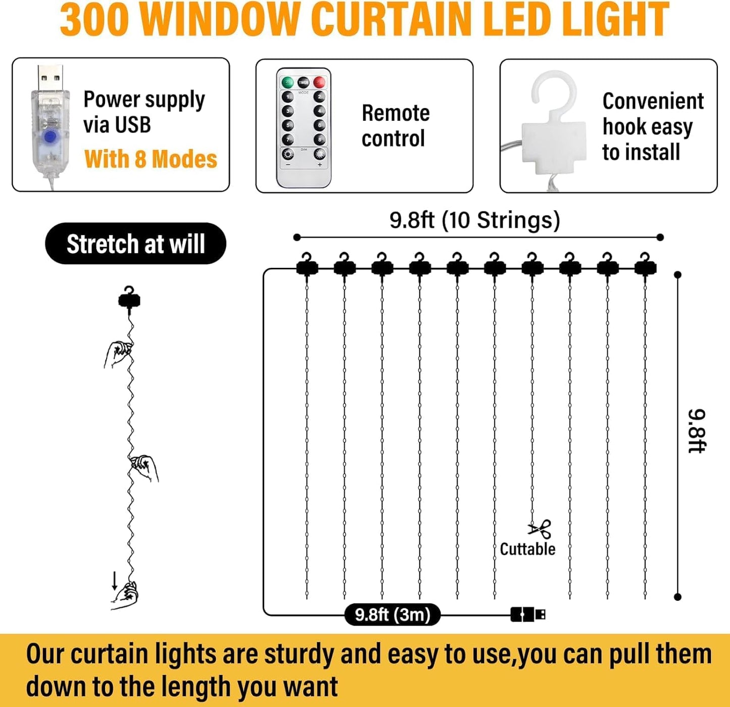 2 Pack Fairy Curtain Lights, Total 600 LED USB Plug in 8 Modes 9.8x9.8Ft Christmas String Hanging Lights with Remote for Bedroom, Indoor, Outdoor, Weddings, Party, Wall, Decorations, Warm White