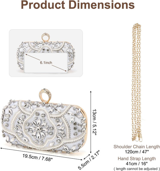 DTGN Evening Bags Clutch Purses for Women Formal, Beaded Clutch Rhinestone Handbags Shoulder Bag with Chain Sparkly - PuriLite