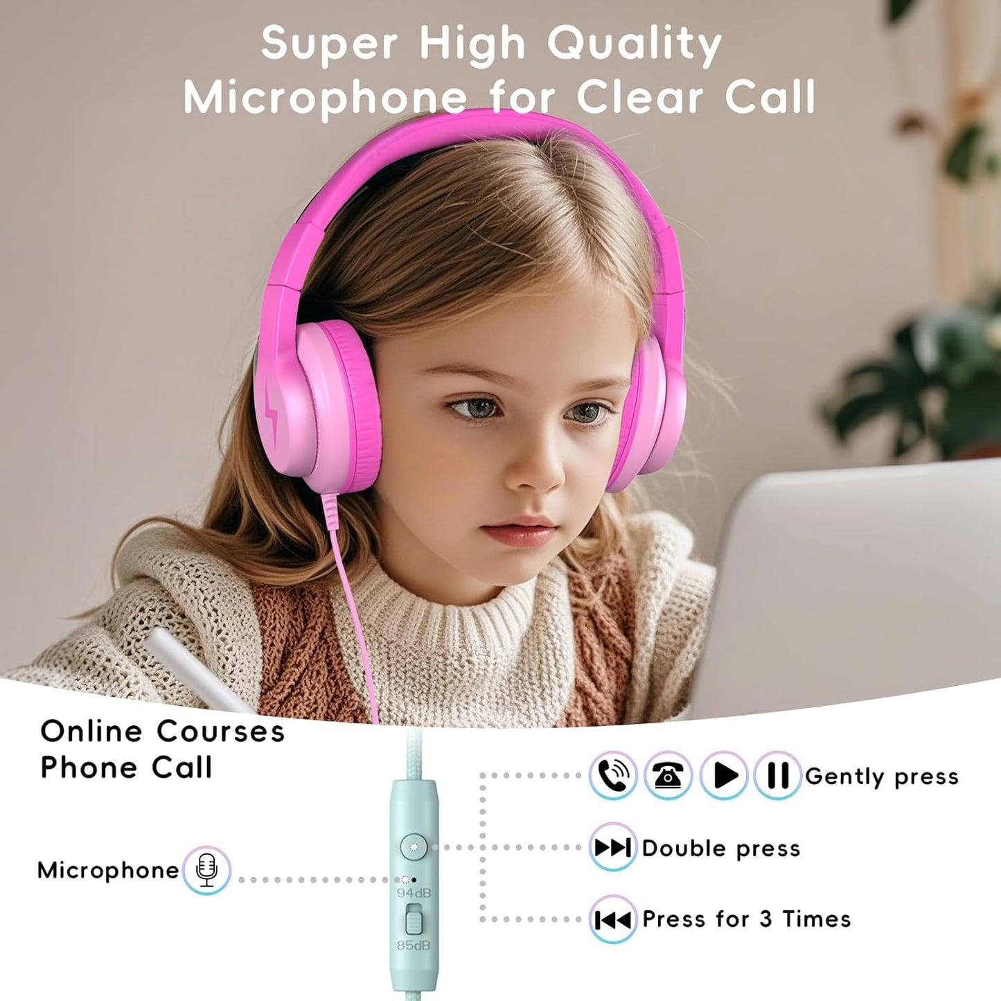Kids Headphones, Wired Headphones for Kids Over Ear with Microphone, 85/94dB Volume Limiter Headphones for Girls Boys with Sharing Jack, Foldable Headphones for Online Study, Gradient Deep Pink