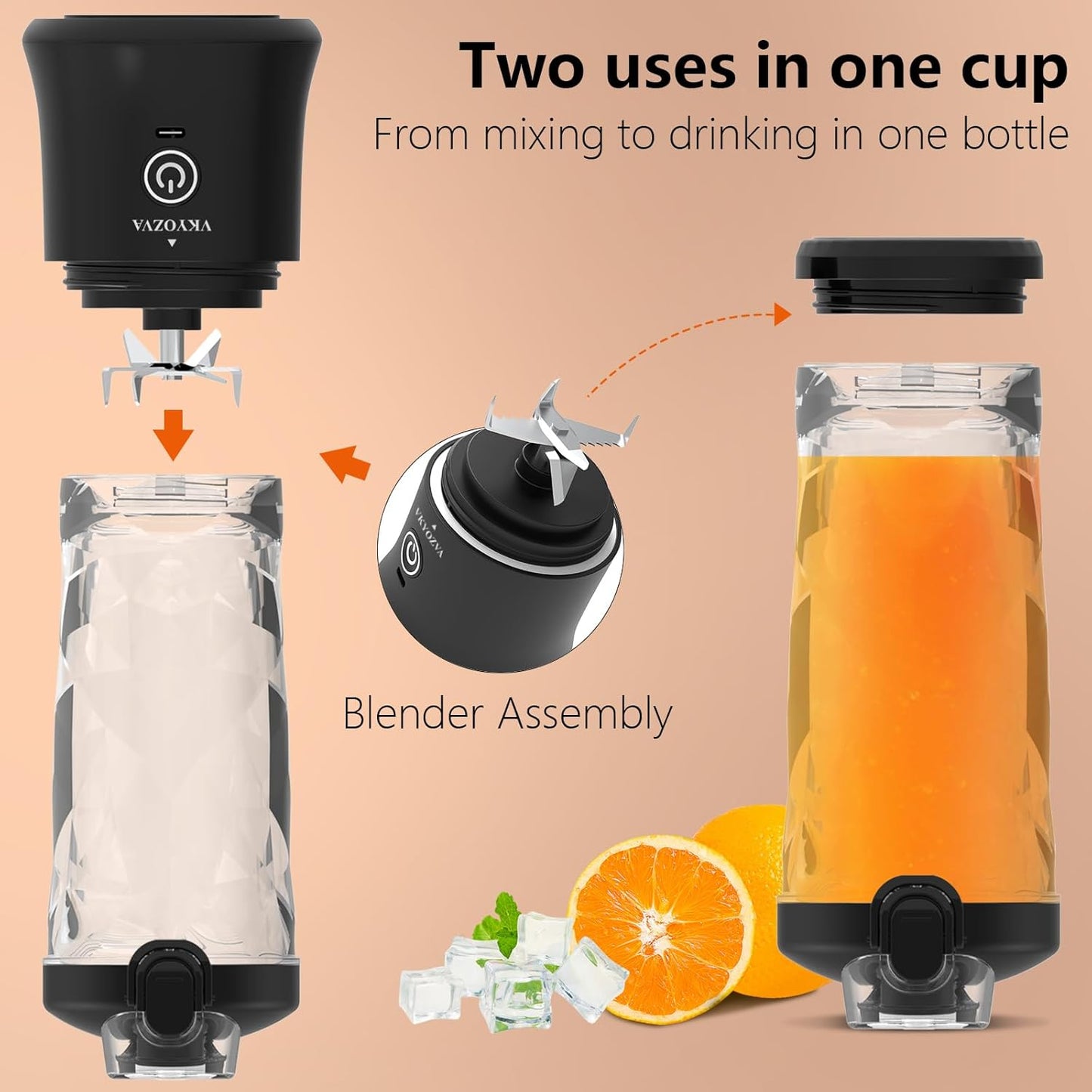 VKYOZVA Portable Blender, 20 Oz Travel Blender USB-C Rechargeable with 6 -leaf Stainless Steel Blades, BPA Frees, Personal Blender for Shakes and Smoothies,Suitable for Family Travel Gyms, Black