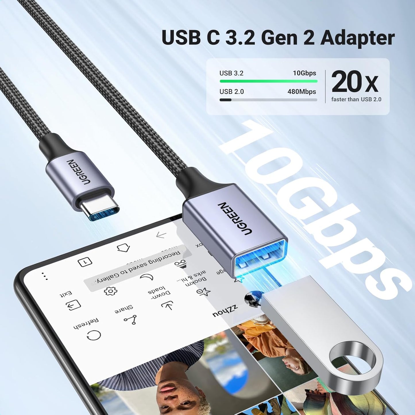 UGREEN USB C to USB Adapter 2 Pack, USB 3.2 Gen 2 10Gbps USB C Adapter USB C Male to USB 3.2 Female Adapter OTG Compatible with iPhone 15, Galaxy S24 S23 Ultra, MacBook Pro Air, iPad Pro Mini, Grey
