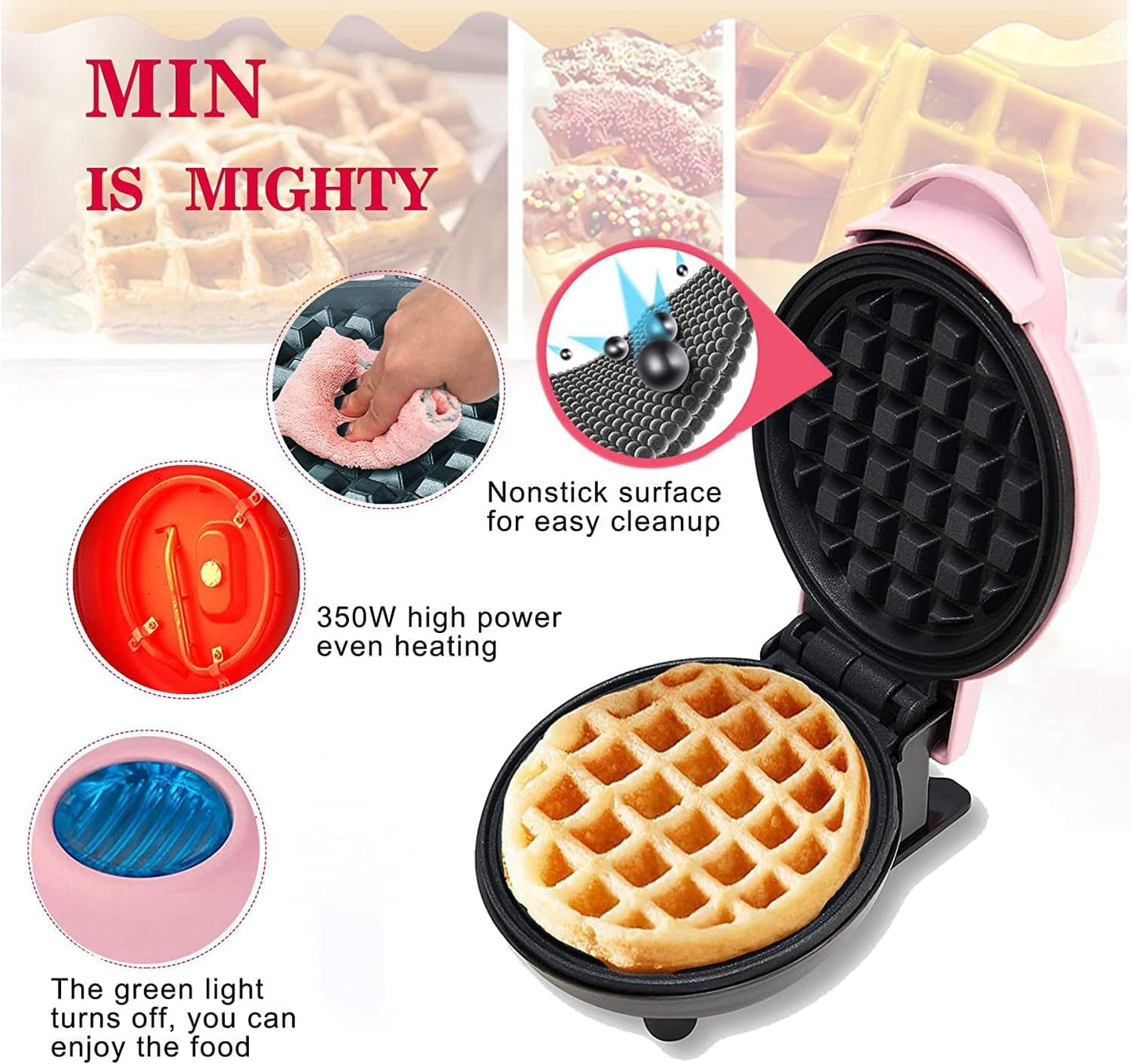 Mini Maker Waffle Maker 5“ Non-Stick Waffler Iron Stuffler Stuffed Wafflera Adjustable Browning Control, Heart, Azure