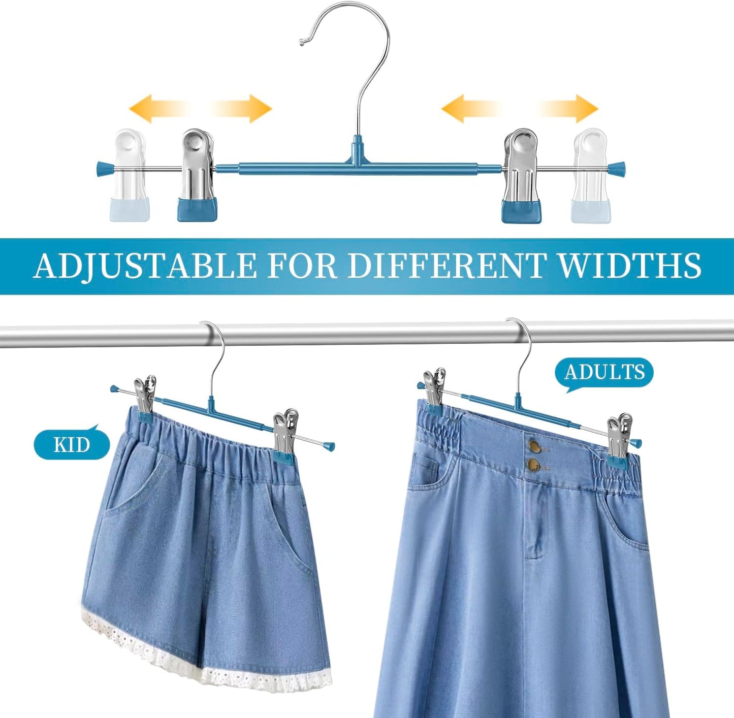14Inch Black Pants Hangers with Clips 10 Pack Adjustable Skirt Hangers for Women Non-Slip Trousers Hanger for Jeans Clothes Hangers for Pants Heavy Duty Space Saving Shorts Hangers