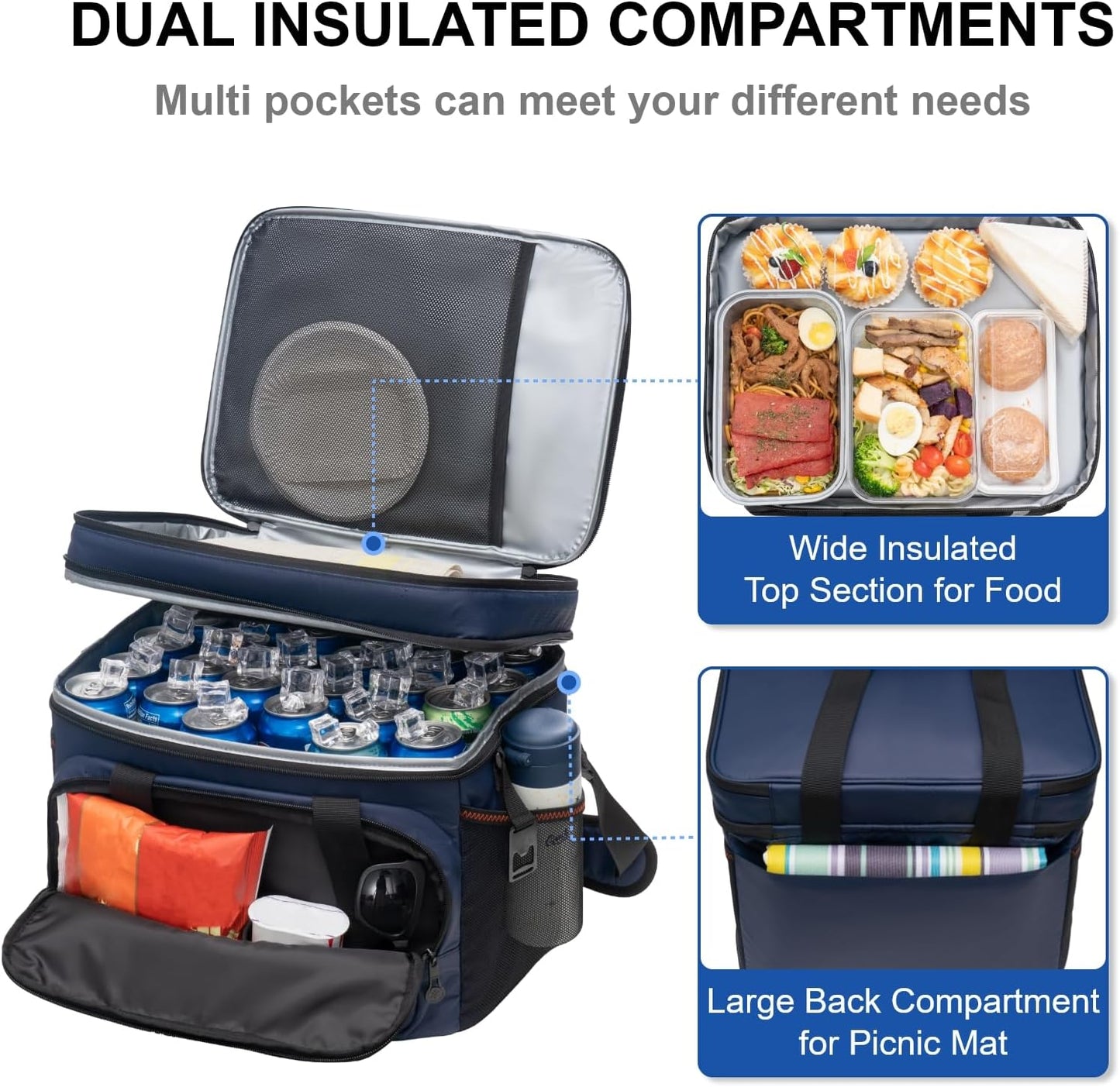 EVERFUN Cooler Bag Insulated Beach Cooler Lunch Bag Box for Men Women Dual Compartments Collapsible Waterproof Leak-Proof for Travel Work Picnic