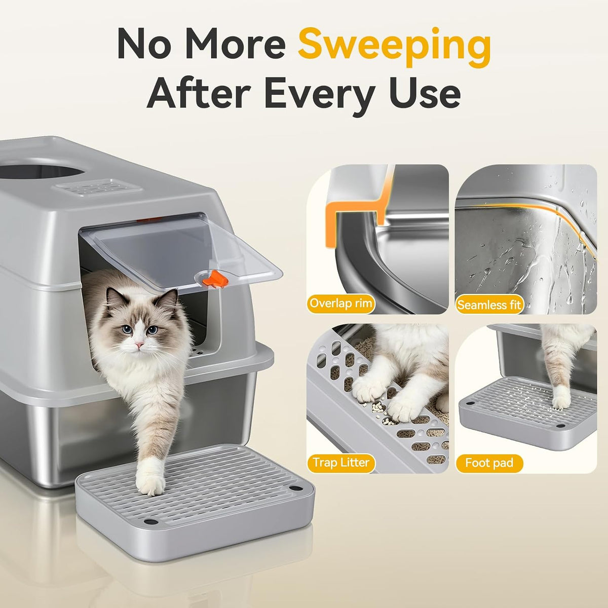 Extra Large Stainless Steel Litter Box with Lid, High Sided Enclosed Metal Cat Litter Pan, Dog Proof Front Entry Top Exit, Odor Control Easy Clean Leak Proof, Includes Scoop & Step, Light Gray