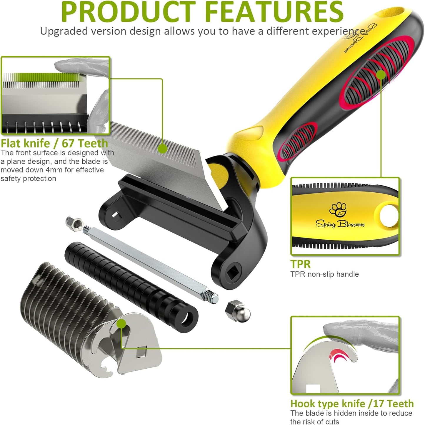 Spring Blossoms-2 in 1 Professional Grooming Rake for Cats & Dogs-Dematting Comb for Easy Mats & Tangles Removing,Pet Brush Safe No More Nasty Shedding and Flying Hair (Orange)