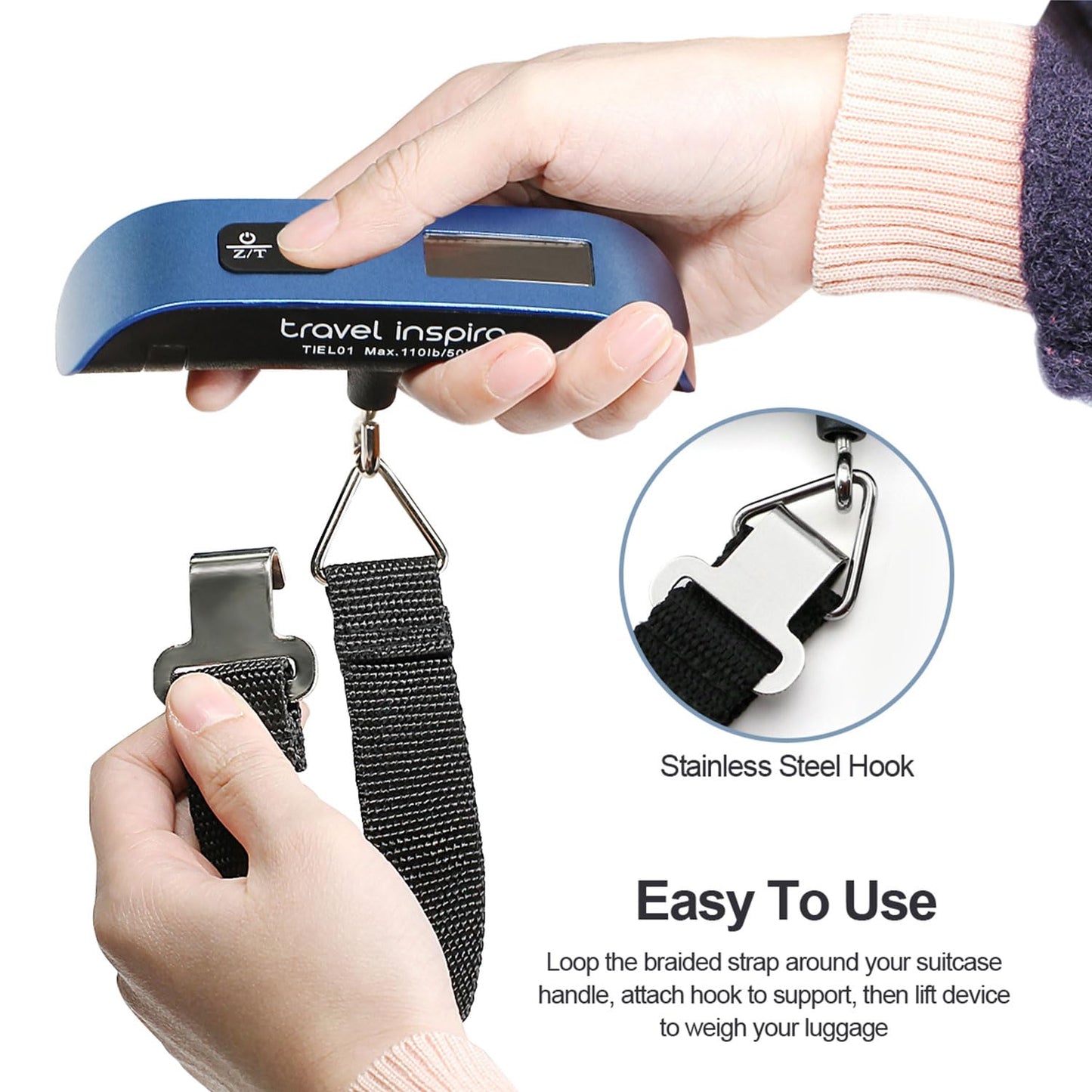 travel inspira Luggage Scale, Portable Digital Hanging Baggage Scale for Travel, Suitcase Weight Scale with Rubber Paint, 110 Pounds, Battery Included - Blue
