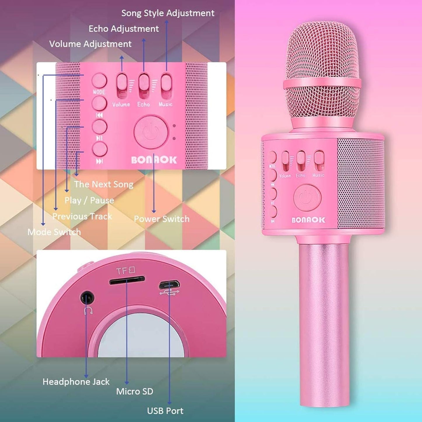 BONAOK Wireless Bluetooth Karaoke Microphone,3-in-1 Portable Instrument Wireless Microphone Mic Speaker Machine Home Party Birthday for All Smartphones(Black)