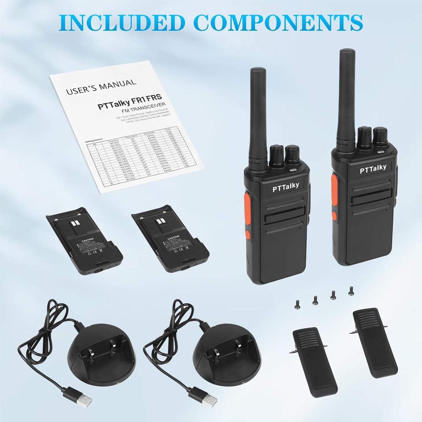 PTTalky FR1 Walkie Talkies for Adults Long Range, Rechargeable 2-Way Radio Walkie Talkie with Charge Cable Charger Dock for Hunting Commercial Cruises (2 Pack)