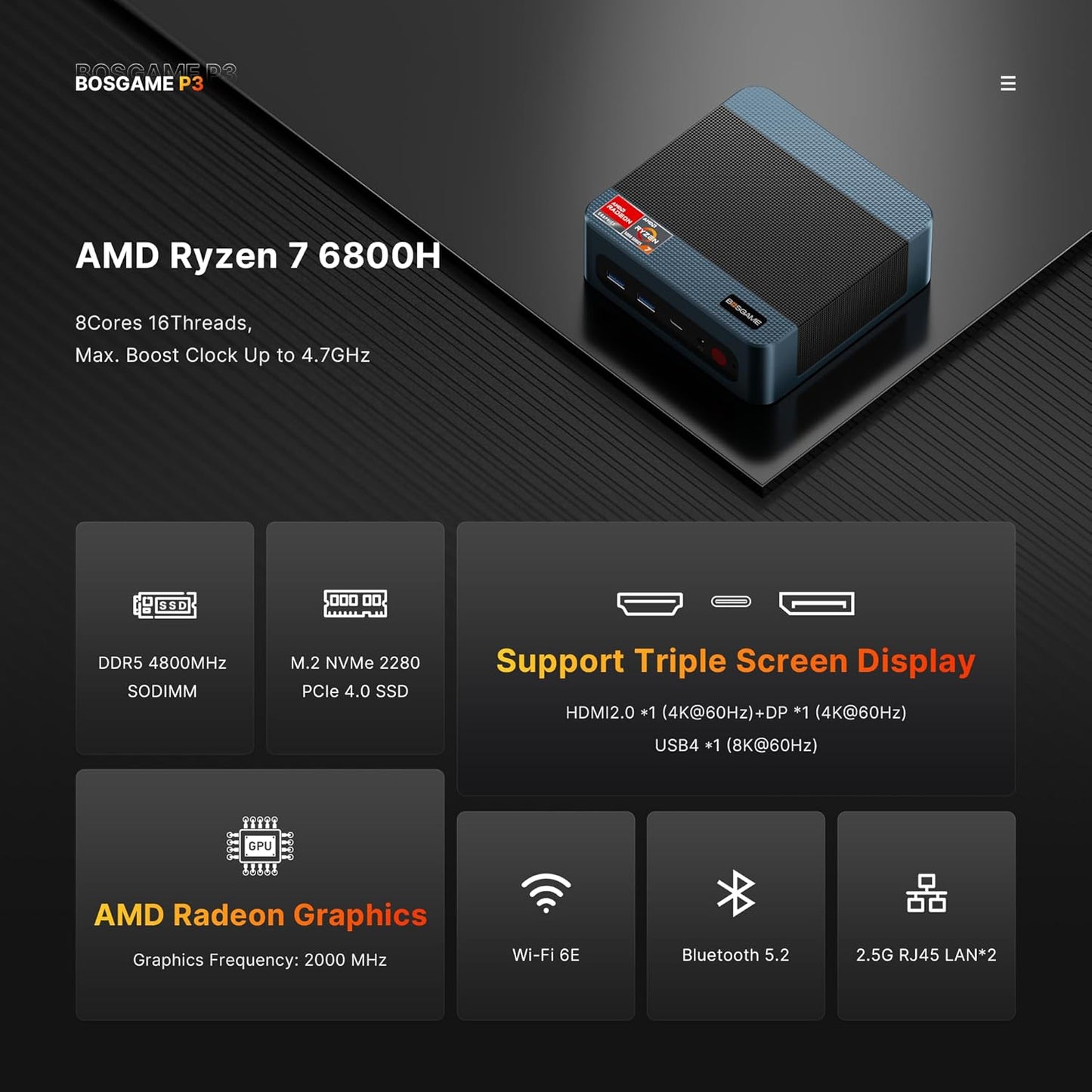 BOSGAME P4 Gaming Mini PC Ryzen 7 5700U 32GB RAM 1TB NVMe M.2 2280 SSD, 11-Pro OS Mini Computers, Micro PC 4K 60Hz Triple Display, HDMI+DP+Type-C, WiFi 6E, BT5.2, PD3.0, Dual 2.5GbE LAN