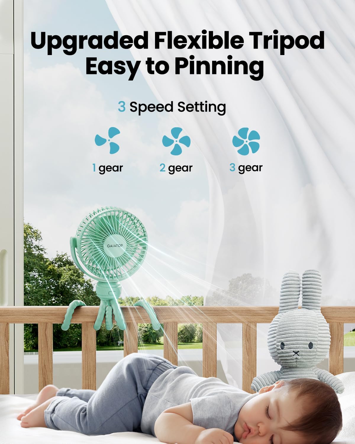 Gaiatop Mini Portable Pram Fan, Rechargeable Small Clip on Fan for Stroller, Detachable 3 Speed 360 Degree Rotate Flexible Tripod Handheld Desk Cooling Car Seat Crib Treadmill Travel Black