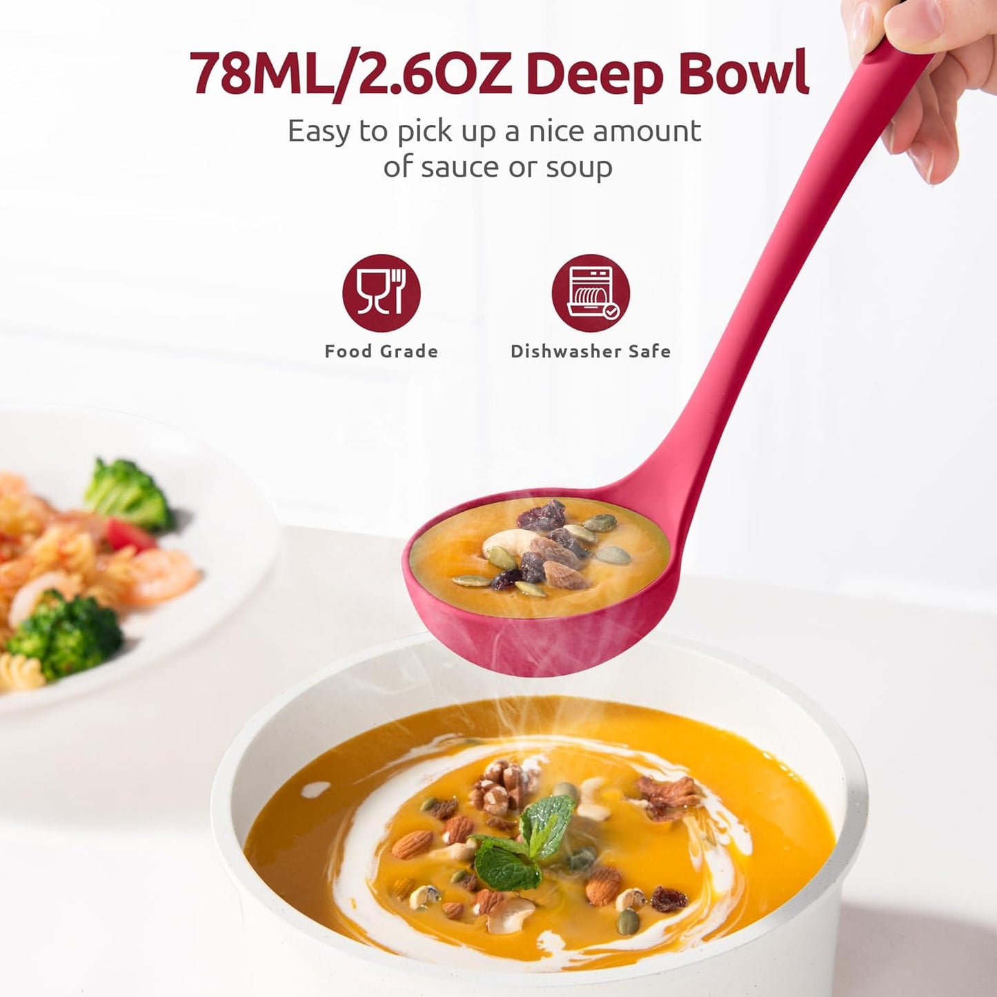 13 inch Silicone Soup Ladle: U-Taste 600ºF Heat Resistant 4 oz Large Non-Stick Seamless Rubber Kitchen Deep Serving Spoon with Non-Slip Solid Long Handle for Cooking Sauce/Stews/Gravies/Chili(Purple)