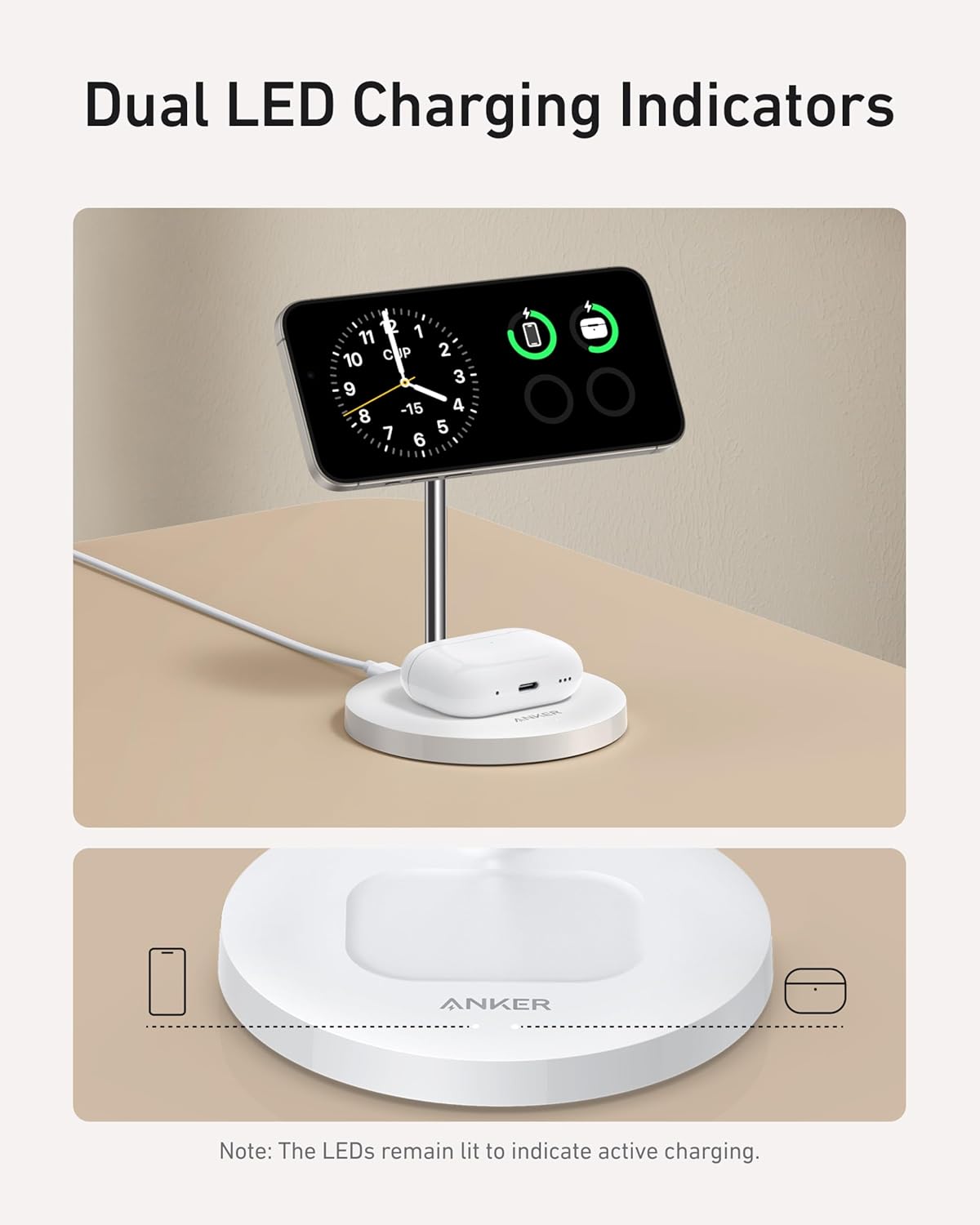 Anker MagSafe Compatible MagGo Charger Stand, iPhone 16 Wireless Charger, 2-in-1 Charging Station, Qi2 Certified 15W Max Charging, for iPhone 16/15/14/13/12, AirPods Pro (White, with 40W Adapter)