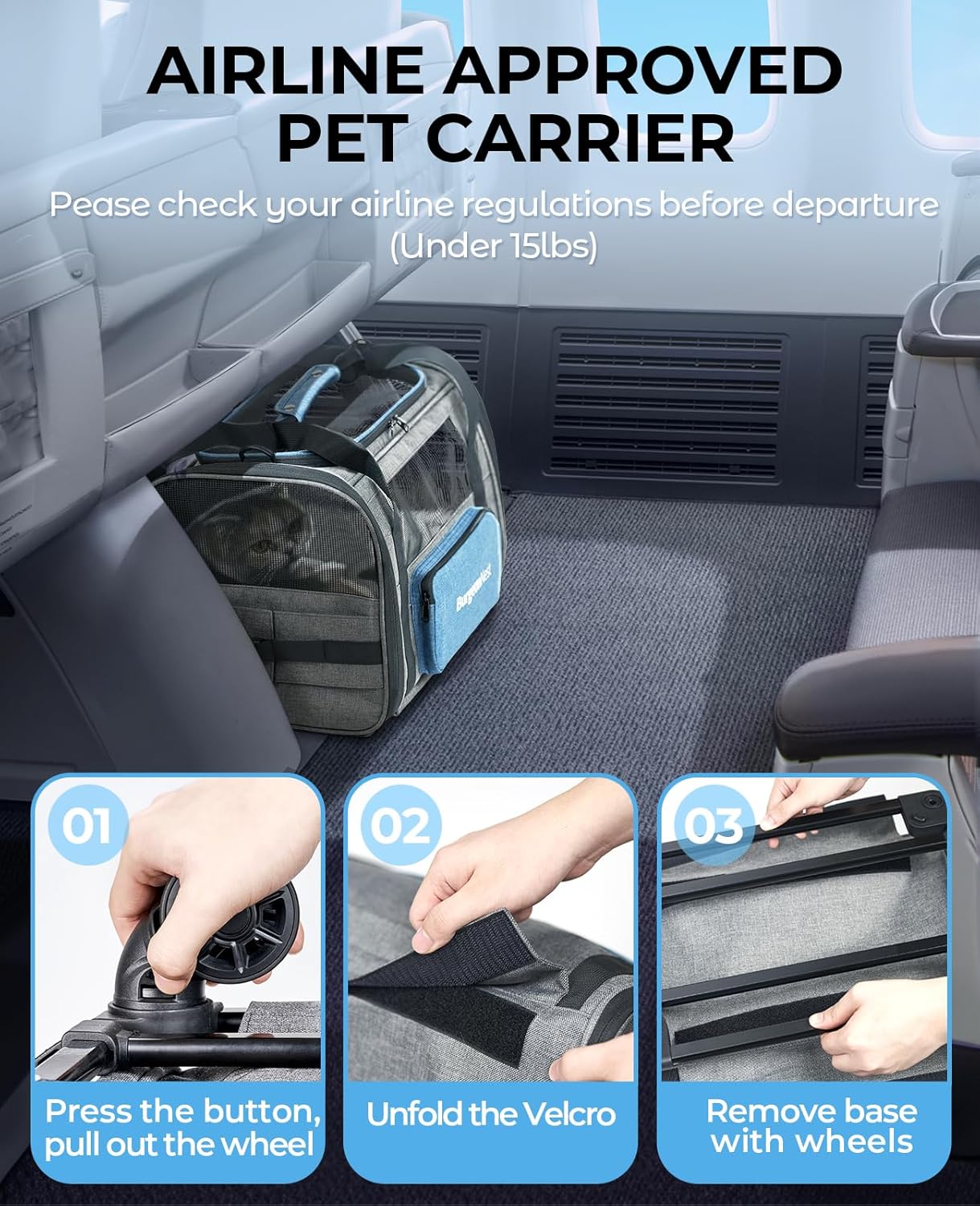 BurgeonNest Cat Carrier with Wheels, Airline Approved Pet Carrier for Cats Dogs 15 lbs, Grey and Blue, 18"L x 11"W x 11"H