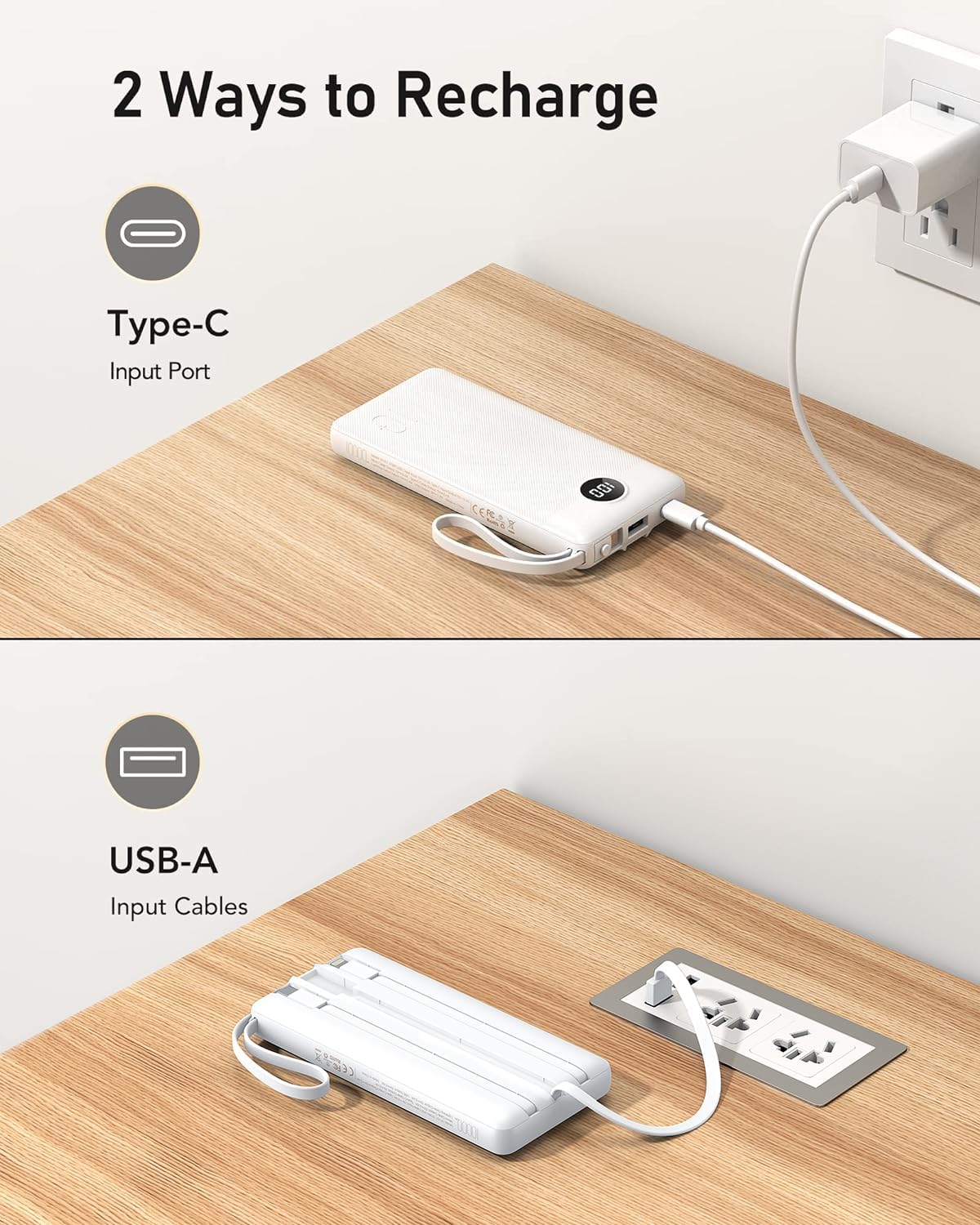 VEEKTOMX Power Bank with Built-in Cables 10000mAh Portable Charger for iPhone Slim Fast Charge USB C Battery Pack Travel Essentials Powerbank Compatible with iPhone, Samsung, Android, etc