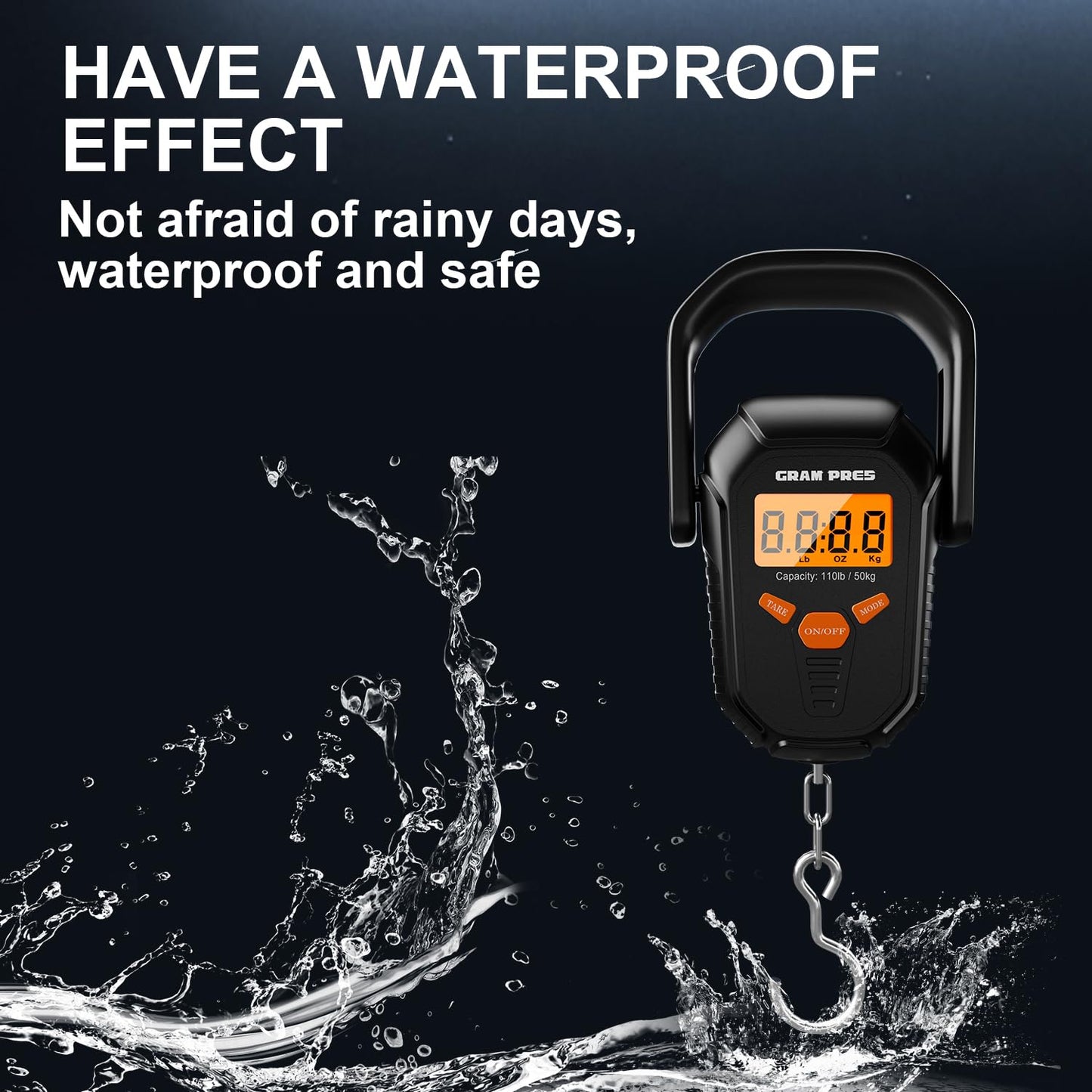 GRAM PRES Fish Scale 110lb/50kg,Digital Fishing Scale with Ruler,Electronic Portable Hanging Luggage Weight Scale with Hook and Fish Lip Gripper,Lb/oz/Kg Mode, Batteries Included