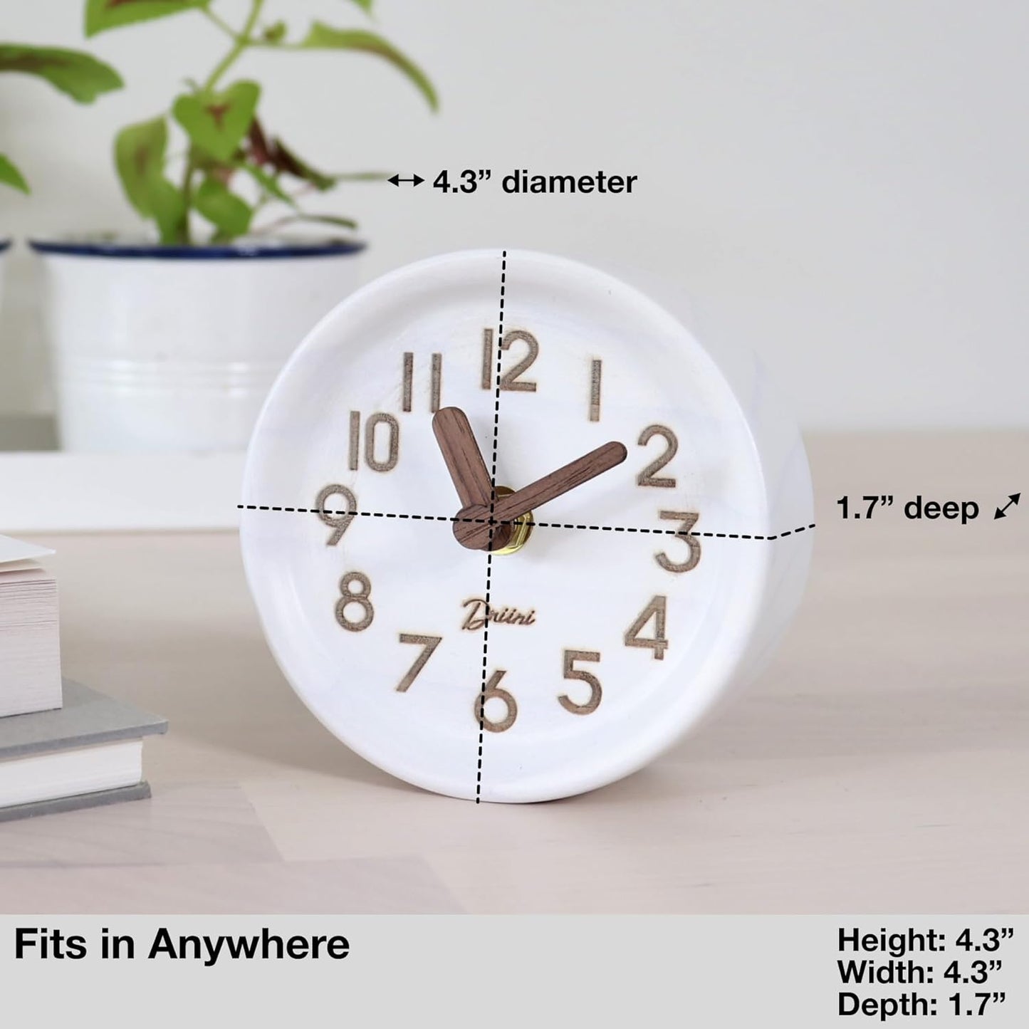 Driini Wooden Analog Desktop Clock – 4.3 in. Decorative Pinewood Clock, No-Tick Design – Easy to Read Silent Sweep Mantle Clock – Quiet Tabletop Clocks with Wood Body, Hands, & Battery Cover; White
