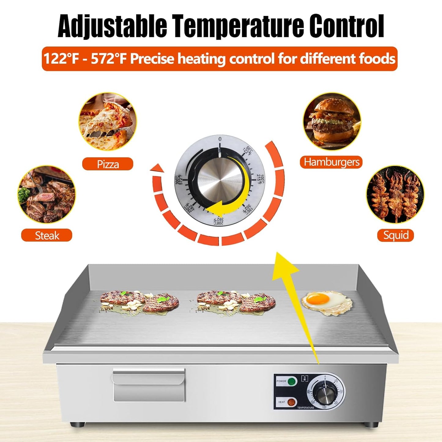 ExGizmo 22" Commercial Electric Griddle,Electric Countertop Flat Top Griddle,110V 1600W Electric Flat Top Grill,Non-Stick Restaurant Teppanyaki Stainless Steel Grill,Adjustable Temperature Control