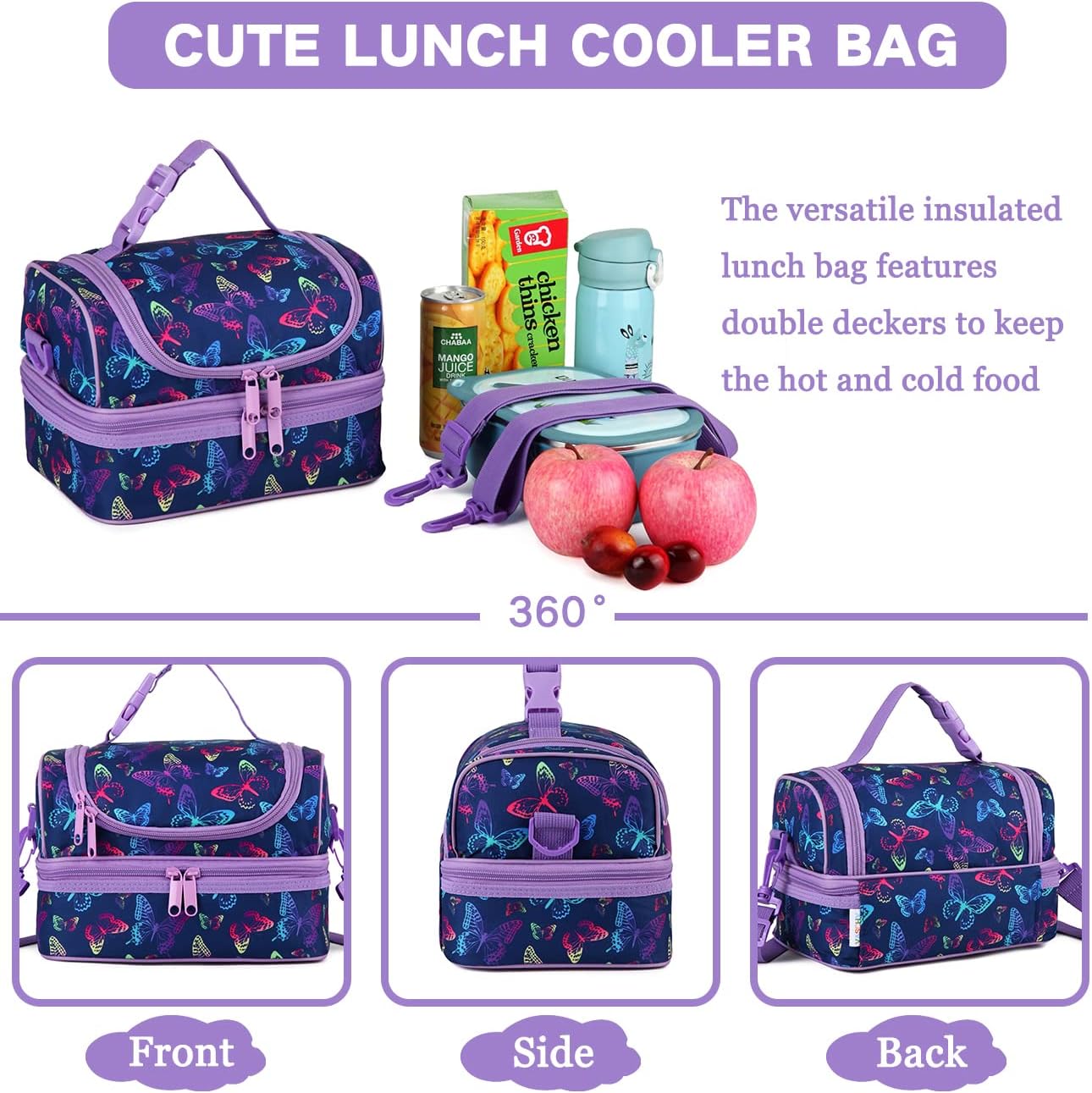 VASCHY Lunch Box Bag Men, Insulated Two Compartments Bento Cooler Bags for Adults/Women/Kids for School,Daycare,Kindergarten,Picnic Black