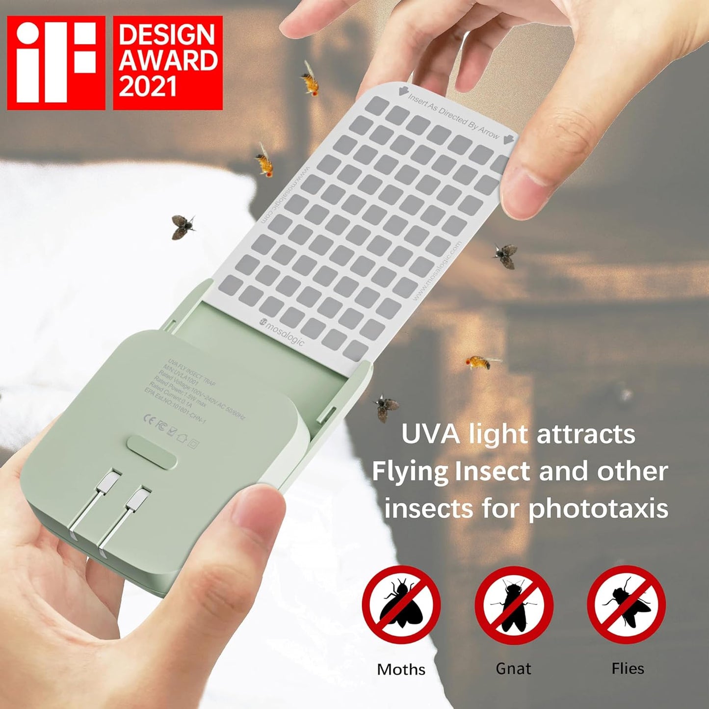 Mosalogic Fly Trap Plug in Mosquito Killer Gnat Moth Catcher Fly Tapper Indoor with Night Light for 400 Sq Ft of Protection White-1PACK