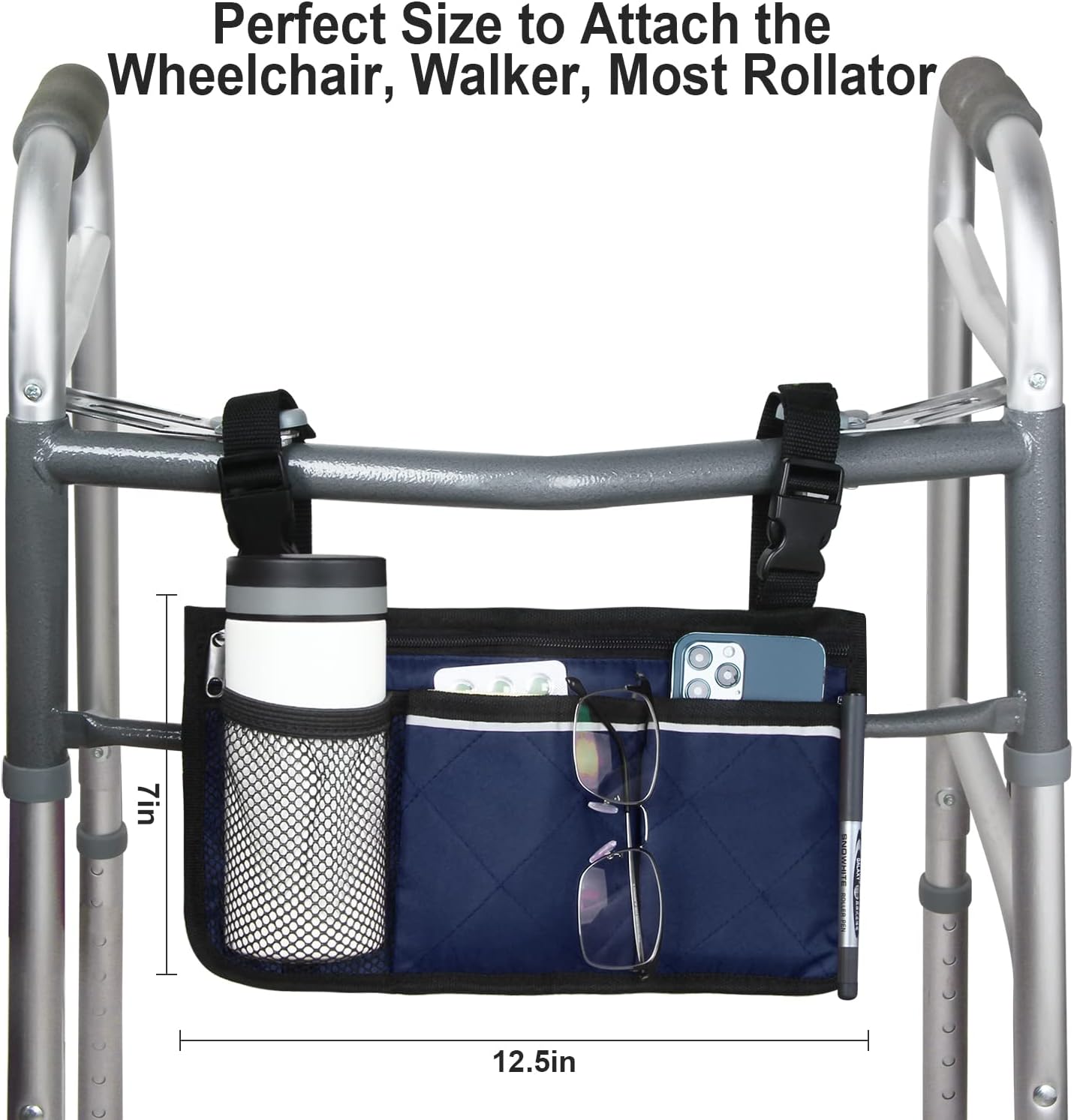 Wheelchair Side Bag, Wheelchair Armrest Storage Pouch with Cup Holder and Reflective Strip for Wheelchairs, Walkers or Rollators (Black)
