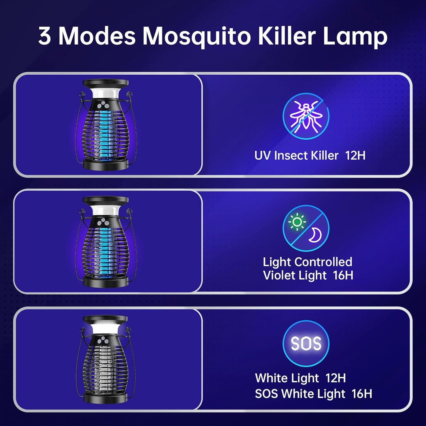 Solar Bug Zapper Indoor, 3 in 1 UV Mosquito Killer Lamp, 4000mAh 4200V Electric Fly Zapper, USB Rechargeable Insect Killer Traps for Office Kitchen Bedroom Garden Camping Outdoor, Black..