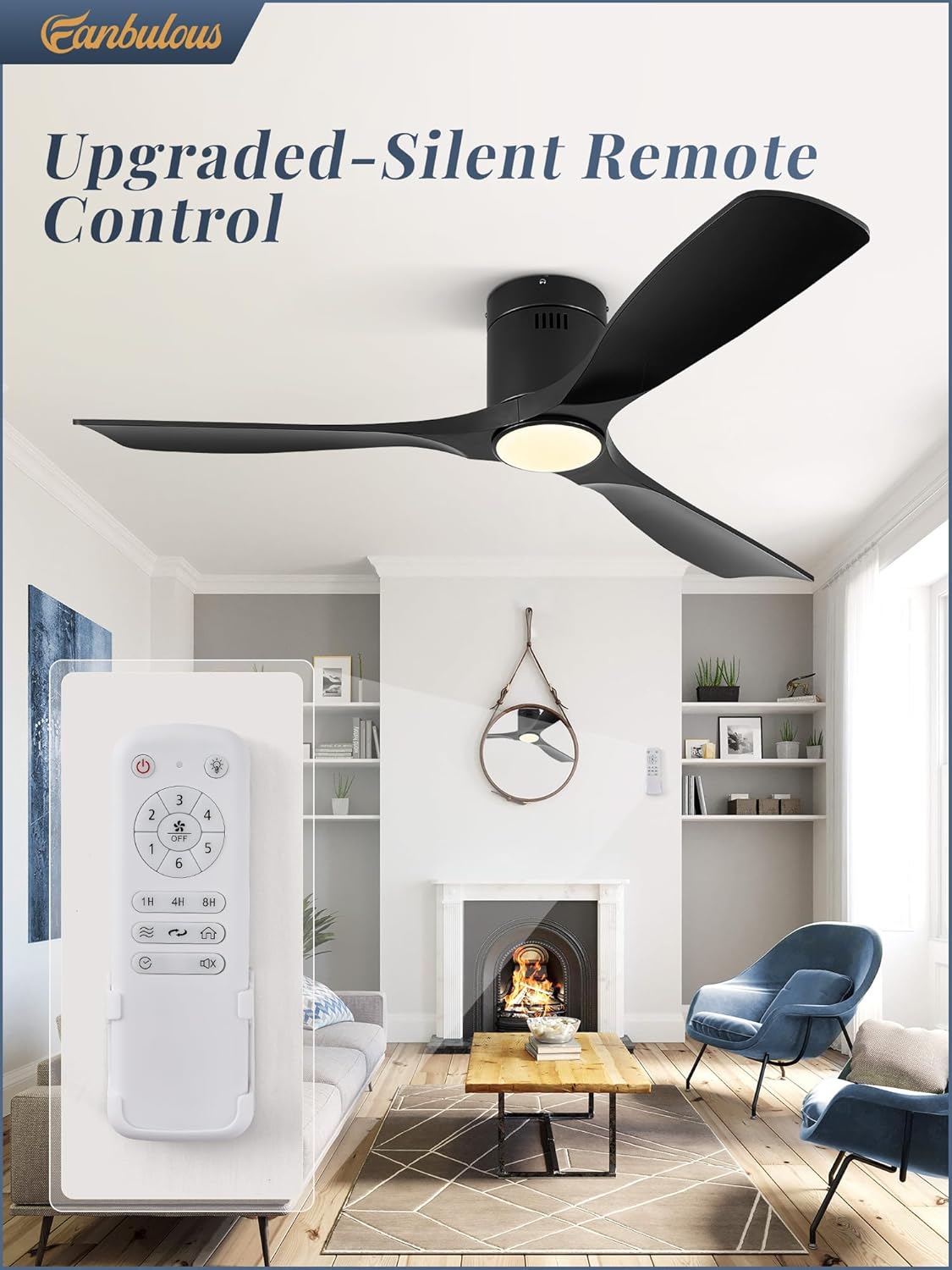 Fanbulous 52" Ceiling Fans with Lights and Remote Control,Modern Flush Mount Ceiling Fan with 3 LED Colors,Outdoor Low Profile Ceiling Fans with 6-Speeds Timer DC Motor for Bedroom Living Room Patio