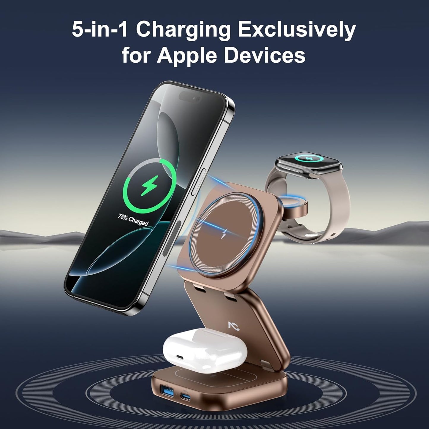 5-in-1 Wireless Charger for Magsafe, AC ISLAND Aluminum Travel Charging Station for Apple, 15W Snap Magnetic Multi Charging Stand Dock for iPhone 16/15/14/13 Apple Watch AirPods (with 35W GaN Adapter)