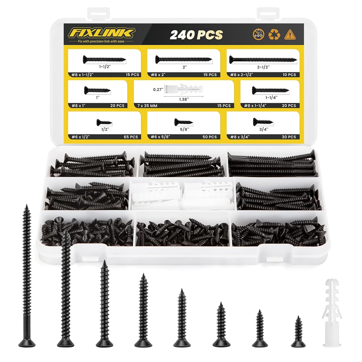 Wood Screws Assortment Kit, FIXLINK 240 PCS High Hardness Flat Head Wood Screws Set, Phillips Drive Screws, Contain 15PC Drywall Anchor and 8 Size (2-1/2”,2”,1-1/2”,1-1/4”,1”,3/4”,5/8”,1/2”), Black