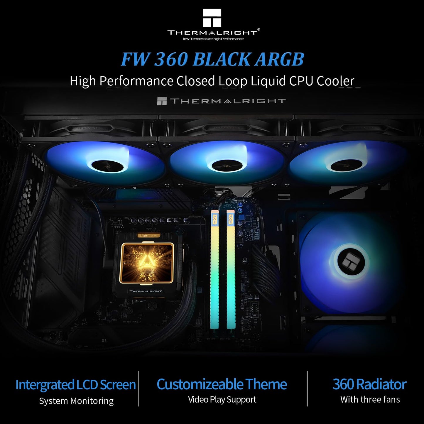 Thermalright FW 360 Black ARGB-360mm AIO CPU Liquid Cooler,IPS LCD Screen with 320 * 240 Resolution,for AM5/Intel LGA1700,‘2.4 inch’Magnet-Absorbent LCD Screen for Images -Black