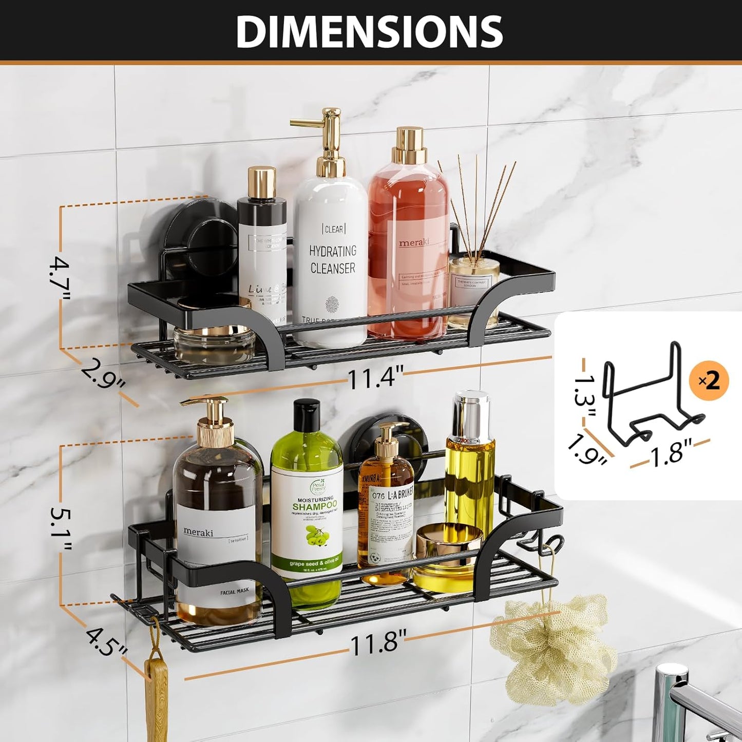 LEVERLOC Shower Caddy Suction Cup, 2 Pack Black Shower Shelf with Hooks and Soap Holder, NO-Drilling Bathroom Organizer, Rustproof Metal Bathroom Storage and Organization