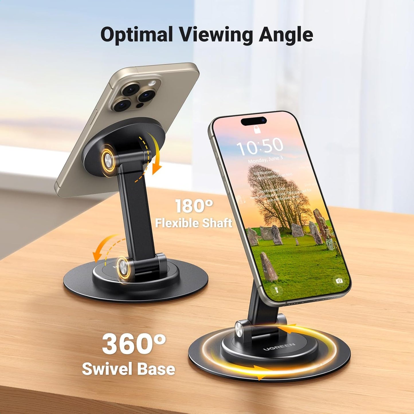 UGREEN Magsafe Phone Stand Magnetic Holder for Desk 360° Rotating Adjustable Height Foldable Portable Travel Mount Metal Ring Compatible with iPhone 16 15 Pro Max 14 13 12,Galaxy S24 Ultra S23