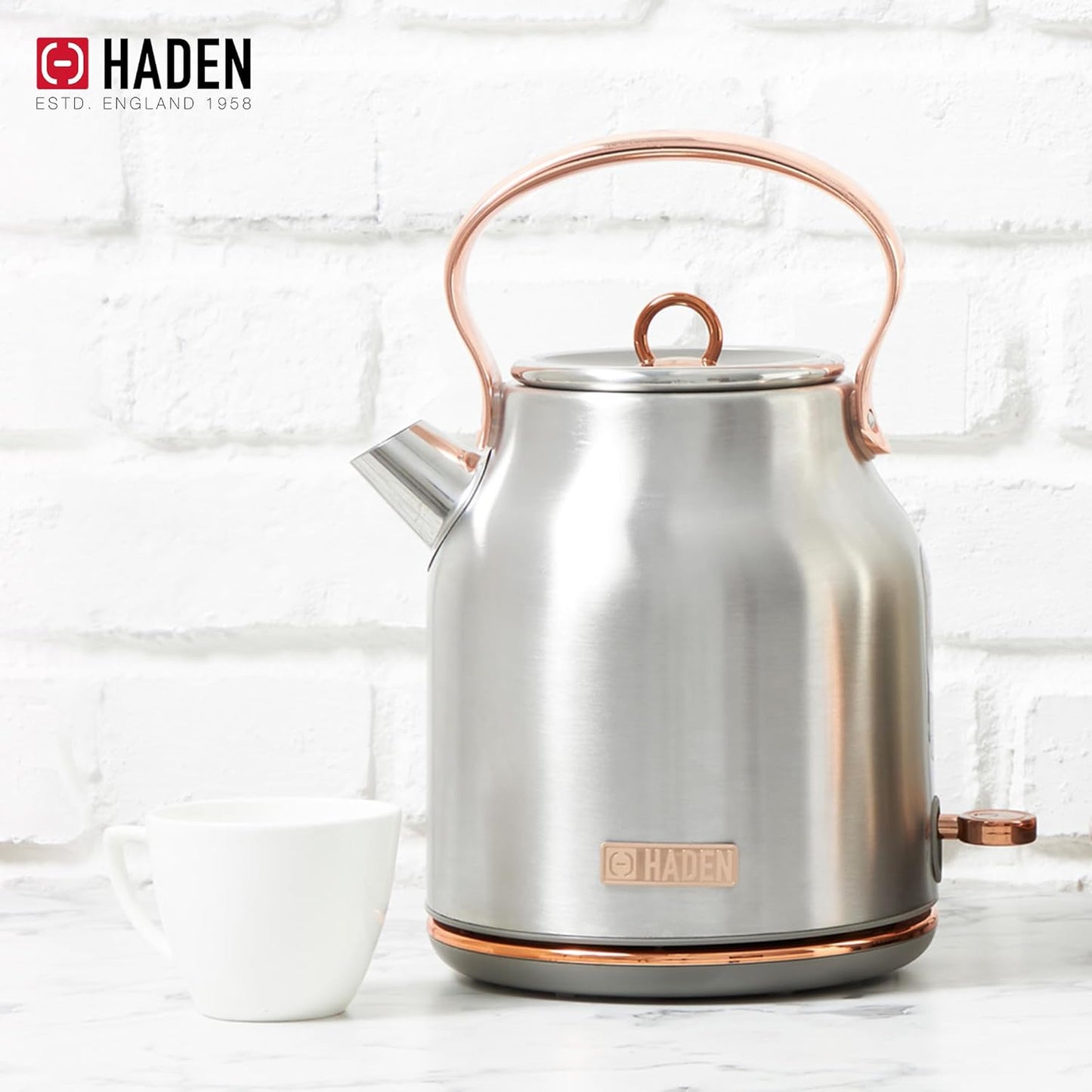 Haden 75041 Heritage 1.7 Liter (7 Cup) Stainless Steel Electric Kettle with Auto Shut-Off and Boil Dry Protection, Black/Copper