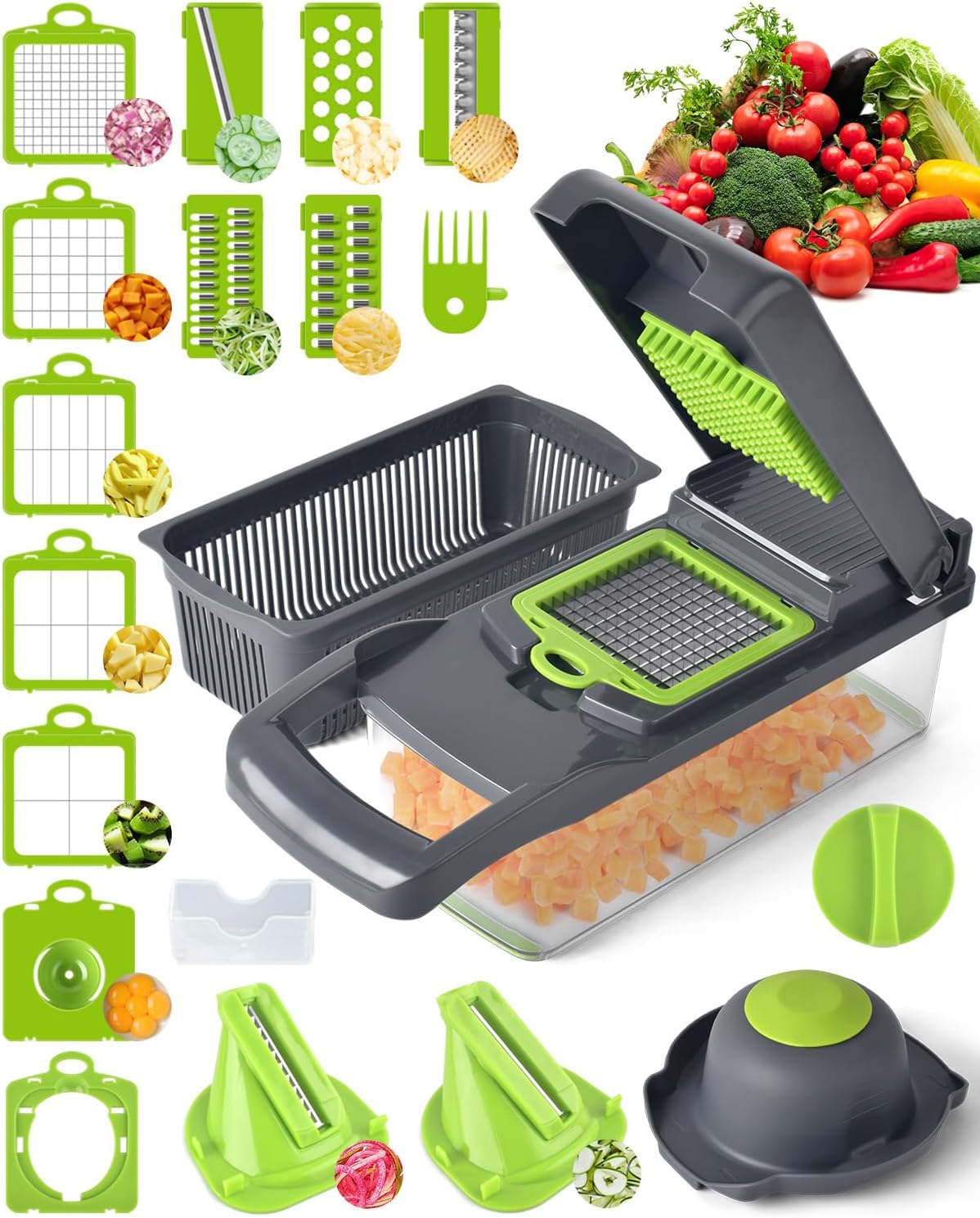 Vegetable Chopper for Kitchen, 26 in 1 Onion Chopper Slicer Dicer Potato Cutter Food Chopper Veggie Salad Maker Dicing Machine Potato Fruit Dicer with Container