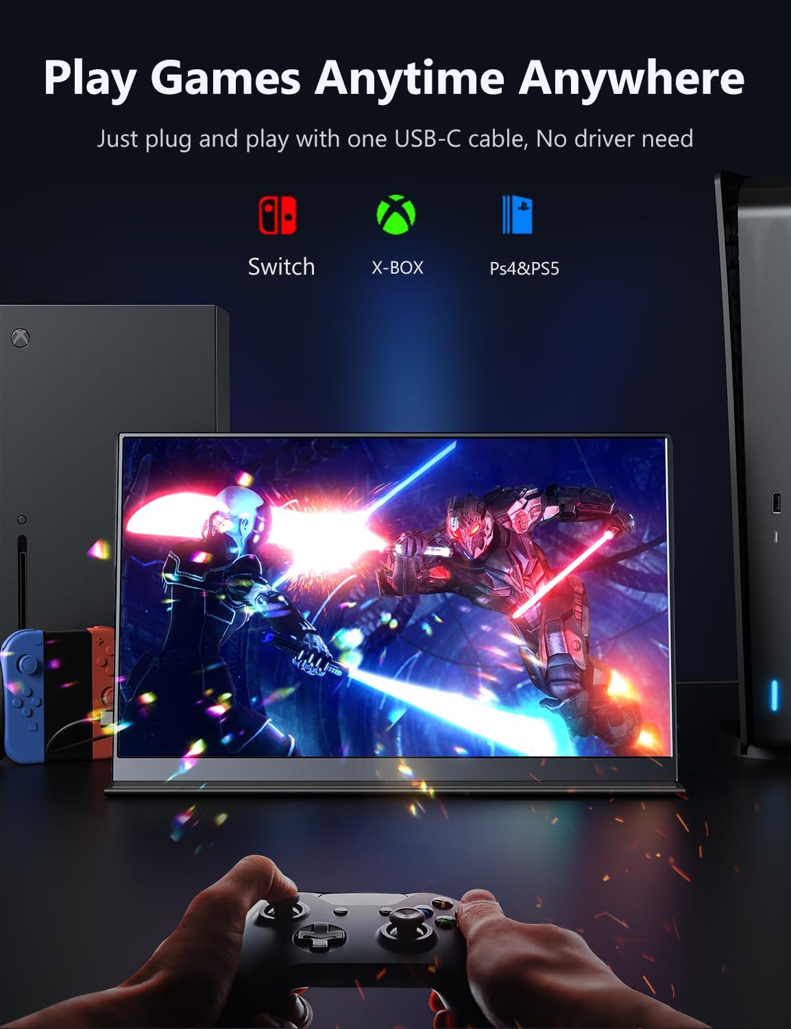 MagicRaven Portable Monitor, 15.6" 1080P Laptop Screen, Lightweight Dual USB C HDMI Second Computer Gaming Display with Speakers, Travel Monitor for MacBook PS4/5 Xbox Switch PC Phone