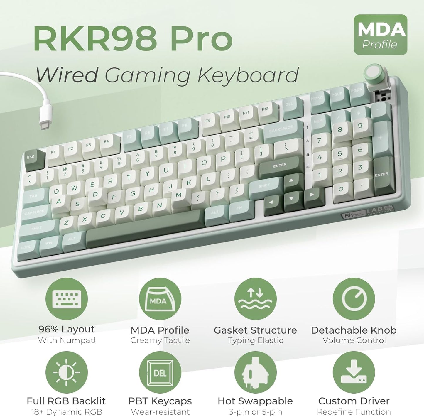 RK ROYAL KLUDGE R98 Pro Mechanical Gaming Keyboard, 96% Wired Creamy Keyboard RGB Backlit with Number Pad and Volume Knob, Gasket Mount, MDA Profile PBT Keycaps, Hot Swappable Pre-lubed Tactile Switch