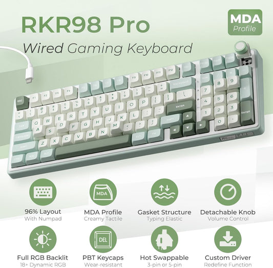 RK ROYAL KLUDGE R98 Pro Mechanical Gaming Keyboard, 96% Wired Creamy Keyboard RGB Backlit with Number Pad and Volume Knob, Gasket Mount, MDA Profile PBT Keycaps, Hot Swappable Pre-lubed Tactile Switch - PuriLite