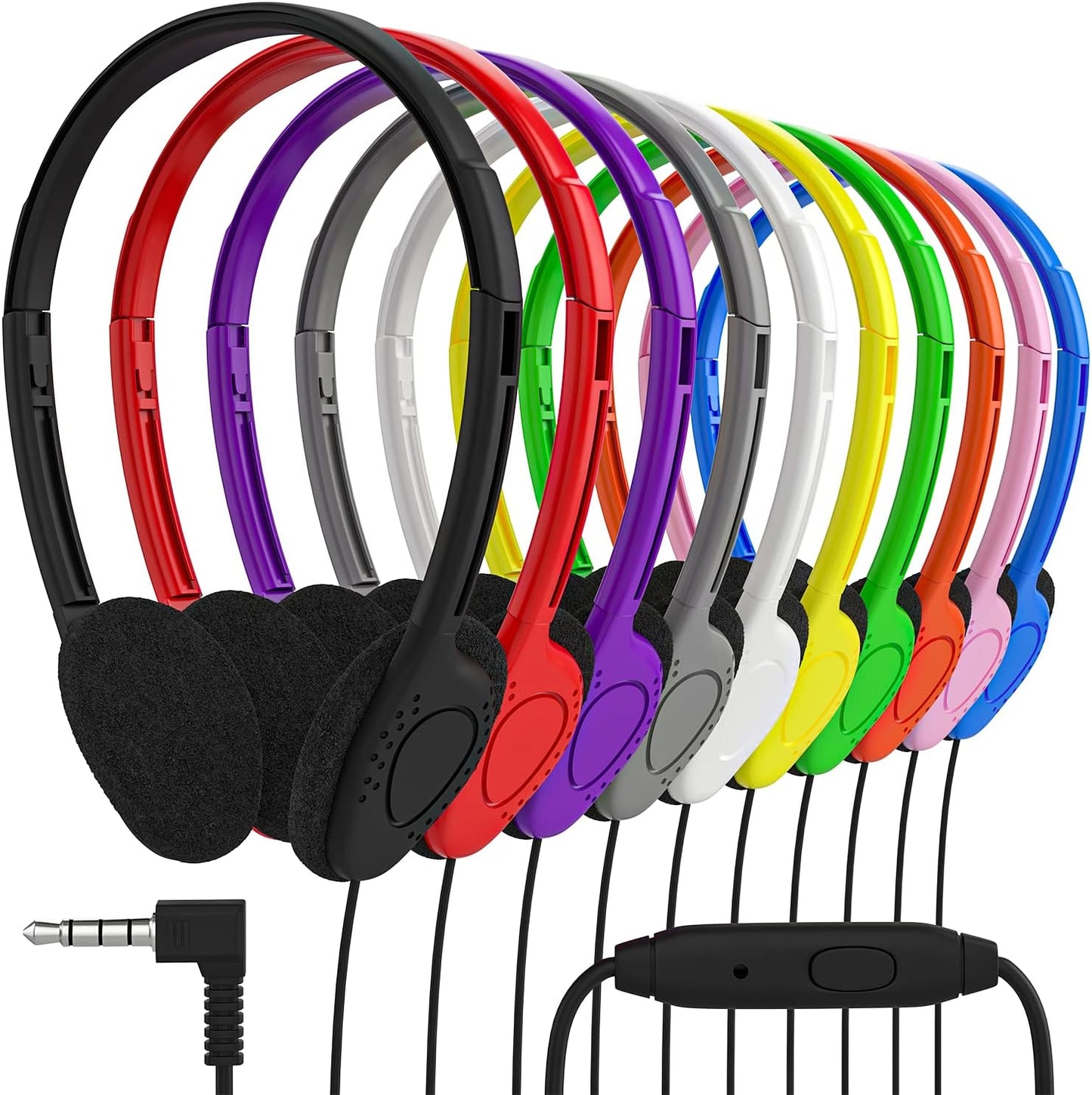 Maeline Bulk On Ear Student Headphones with Microphone for Library, School, Classroom, Airplane, Kids Online Learning and Travel, 3.5 mm Headphone Plug - 1000 Pack - Multi Color