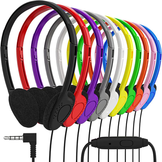 Maeline Bulk On Ear Student Headphones with Microphone for Library, School, Classroom, Airplane, Kids Online Learning and Travel, 3.5 mm Headphone Plug - 1000 Pack - Multi Color - PuriLite