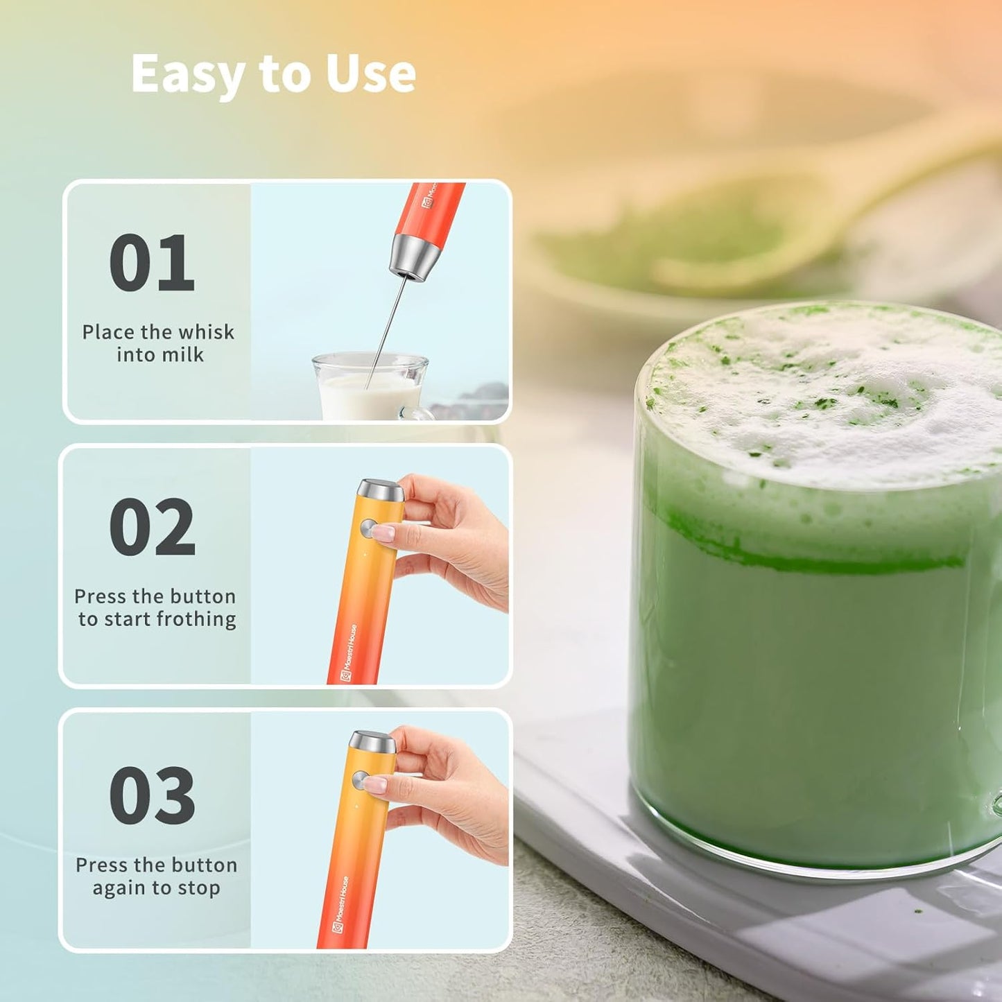 Maestri House Rechargeable Milk Frother, Handheld Electric Foam Maker Waterproof Detachable Stainless Steel Whisk Drink Mixer Foamer with Stand,LunaFro
