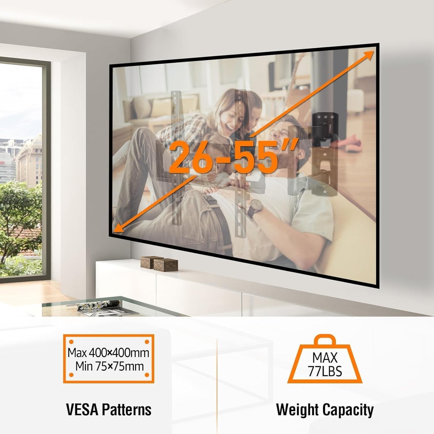 TV Wall Mount Swivel and Tilt for Most 26-55" Flat Curved TVs, Corner TV Mount Single Stud for Perfect Center, Max VESA 400x400mm, 77 lbs. Full Motion Wall Mount TV Bracket by ELIVED