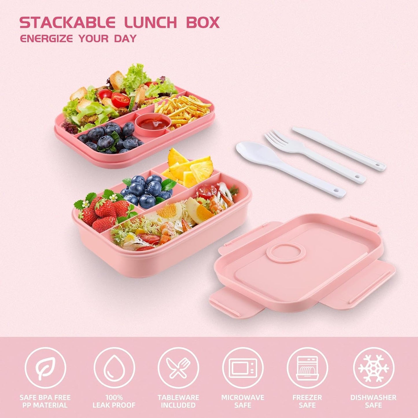 Bento Box Adult Lunch Box -2000 ML Stackable Bento Lunch Box Container with 8 Compartments,Leak-Proof Lunch Containers,Built-in Sauce Container,Utensils,Microwave/Dishwasher/Freezer - Pink