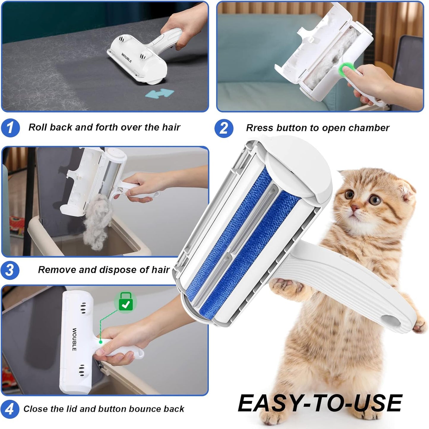 Wouble Pet Hair Remover Roller, Reusable Lint Roller for Pet Hair,Self Clean Dog Cat Fur Removal Brush, from Carpet, Furniture, Rugs, Laundry, Bedding, Sofa-White
