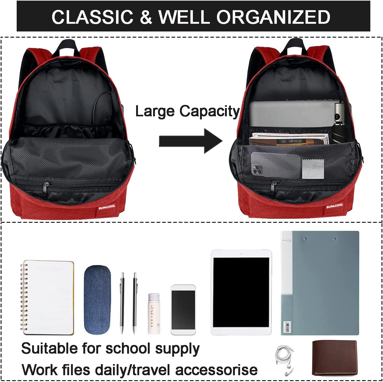 SUPACOOL Casual Laptop Backpack with USB Charging Port for Men and Women, School Bookbag for College, Lightweight Pack Back(Dark Black)