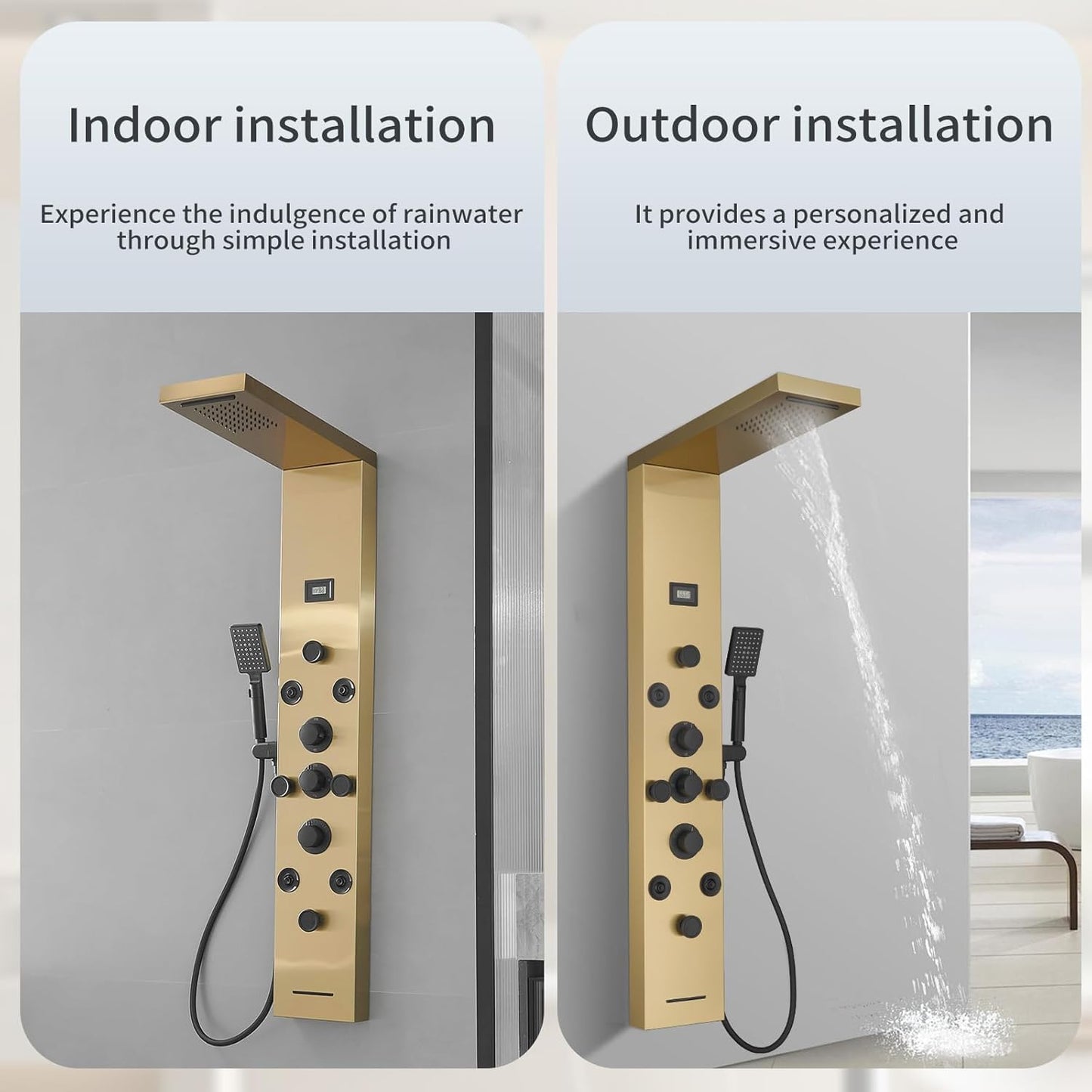 Bathfinesse Shower Tower Bathroom Shower Panel System Rain Massage System 6 in 1 Body Spray Jets Shower Wall Panels Rainfall Waterfall Shower Head Tub Spout with Temperature Display,Matte Black