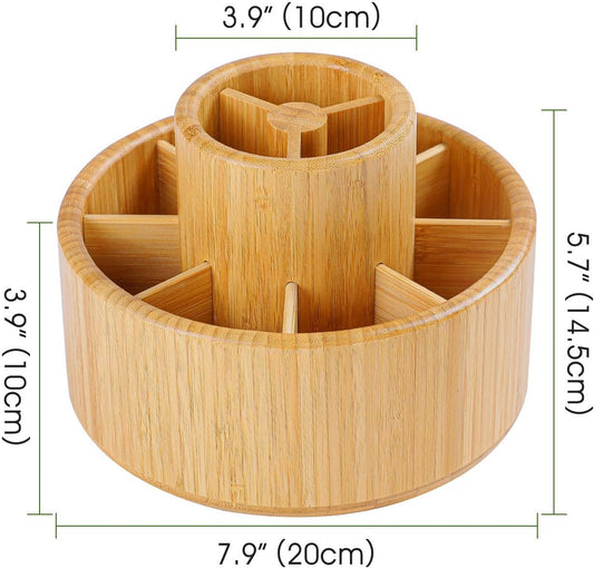 Bamboo Rotating Desk Organizer with 11 Compartments – 360° Spinning Pencil Holder & Art Supply Caddy for Pens, Markers, Paint Brushes, and Office Supplies