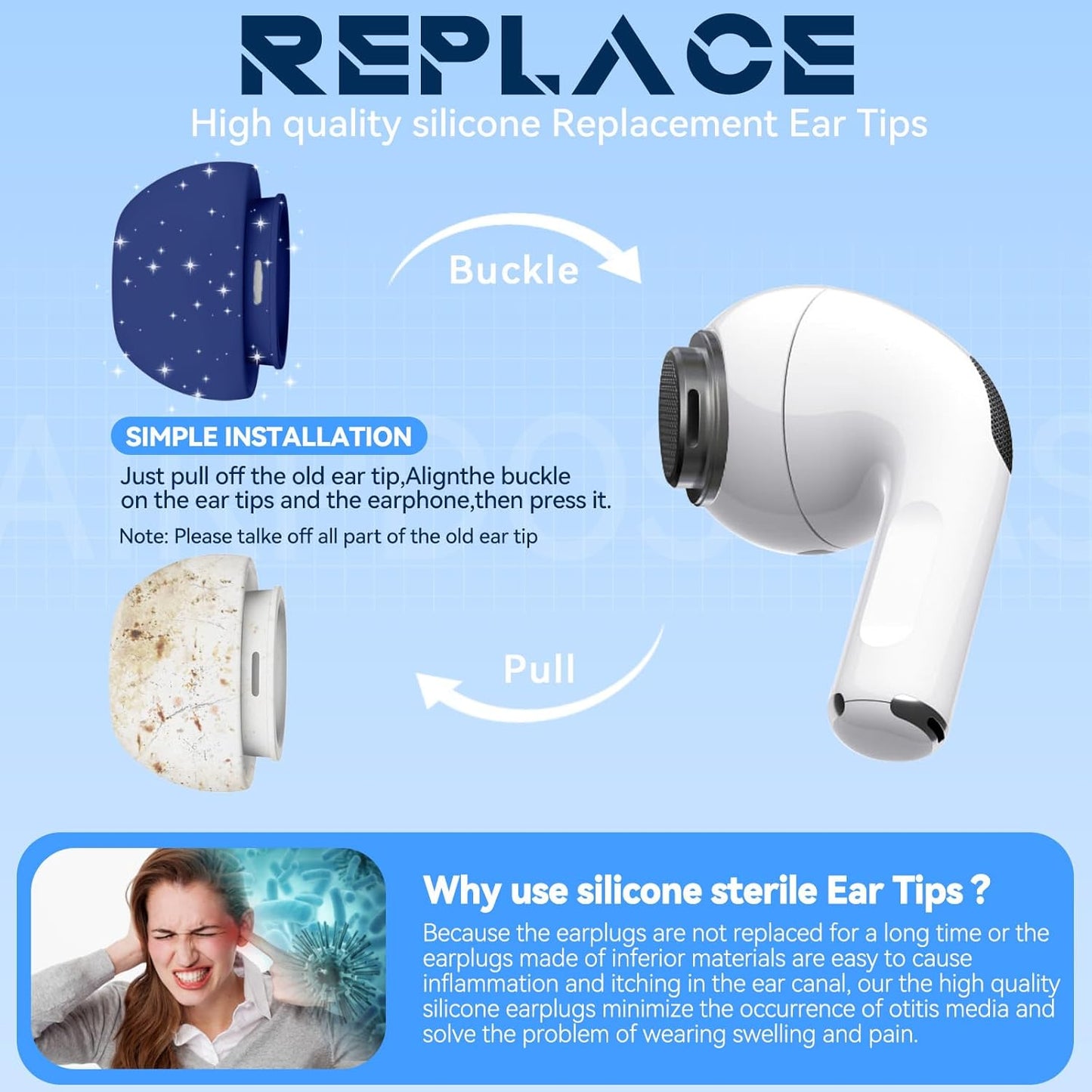 4 Pairs Replacement Ear Tips for AirPods Pro 2nd/1st Generation with Portable Storage Box & Cleaner Pen,Noise Reduction Holewith & Built-in dust Guard Screen,Silicone Ear Tips for AirPods Pro (White)
