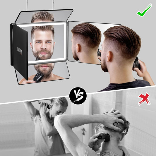 Rechargeable 5 Way Mirror for Hair Cutting, Real Glass Adjustable Trifold Mirror with Light & Telescoping Hooks for Makeup & Styling - Portable DIY Tool to Cut, Trim or Shave Your Head & Neckline