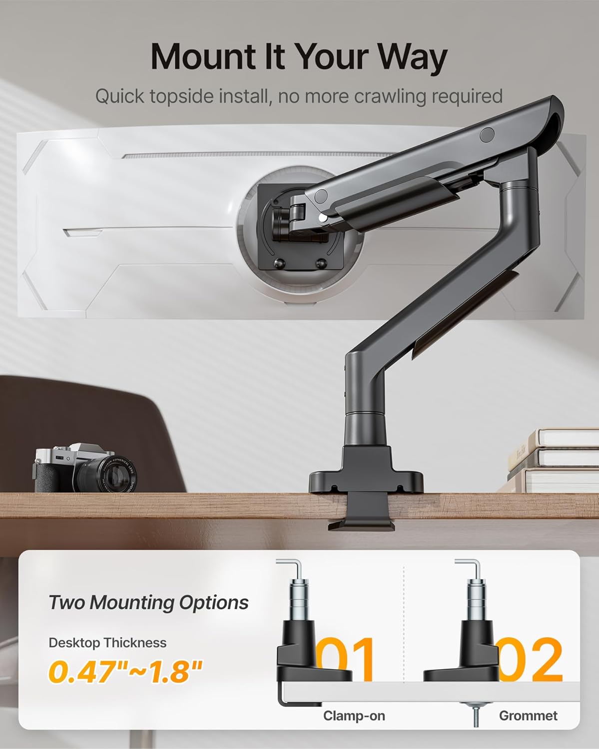 monTEK Premium Aluminum Monitor Arm for 17–57” Ultrawide Screens up to 59 lbs, USB 3.0 Single Desk Mount with Adjustable Gas Spring, Quick-Release Plate, 10-Min Assembly, Clamp/Grommet, VESA 100x100