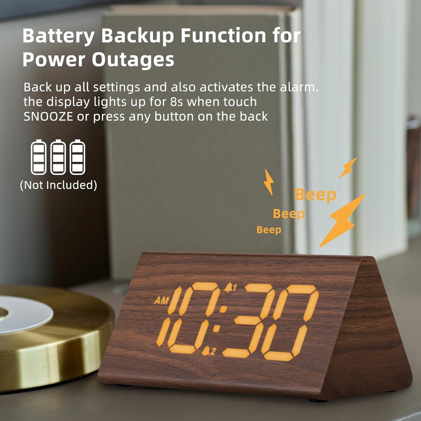 Odokee Wooden Digital Alarm Clock for Bedroom: Electric Desk Clock with Large LED Display - Brown